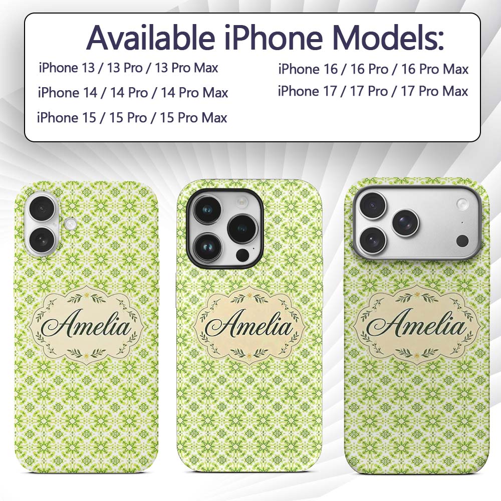 Small Scale Green Floral Geometric Tile Seamless Custom Name Protective Phone Case Mobile Cover Durable Everyday Smartphone Shock Resistant