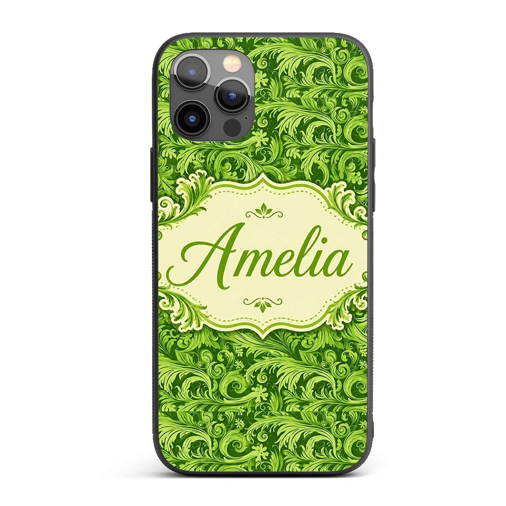 Deep Green Baroque Ornamental Scroll Seamless Custom Name Protective Phone Case Mobile Cover Durable Everyday Smartphone Shock Resistant