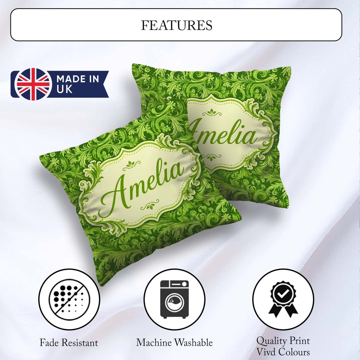 Custom Name Deep Green Baroque Ornamental Scroll Seamless Lovely Square Filled Cushion Throw Pillow Sofa Bed Home Decor Zip Washable UK Made