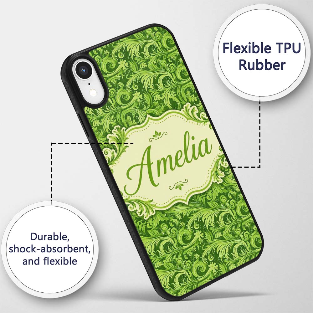 Deep Green Baroque Ornamental Scroll Seamless Custom Name Protective Phone Case Mobile Cover Durable Everyday Smartphone Shock Resistant
