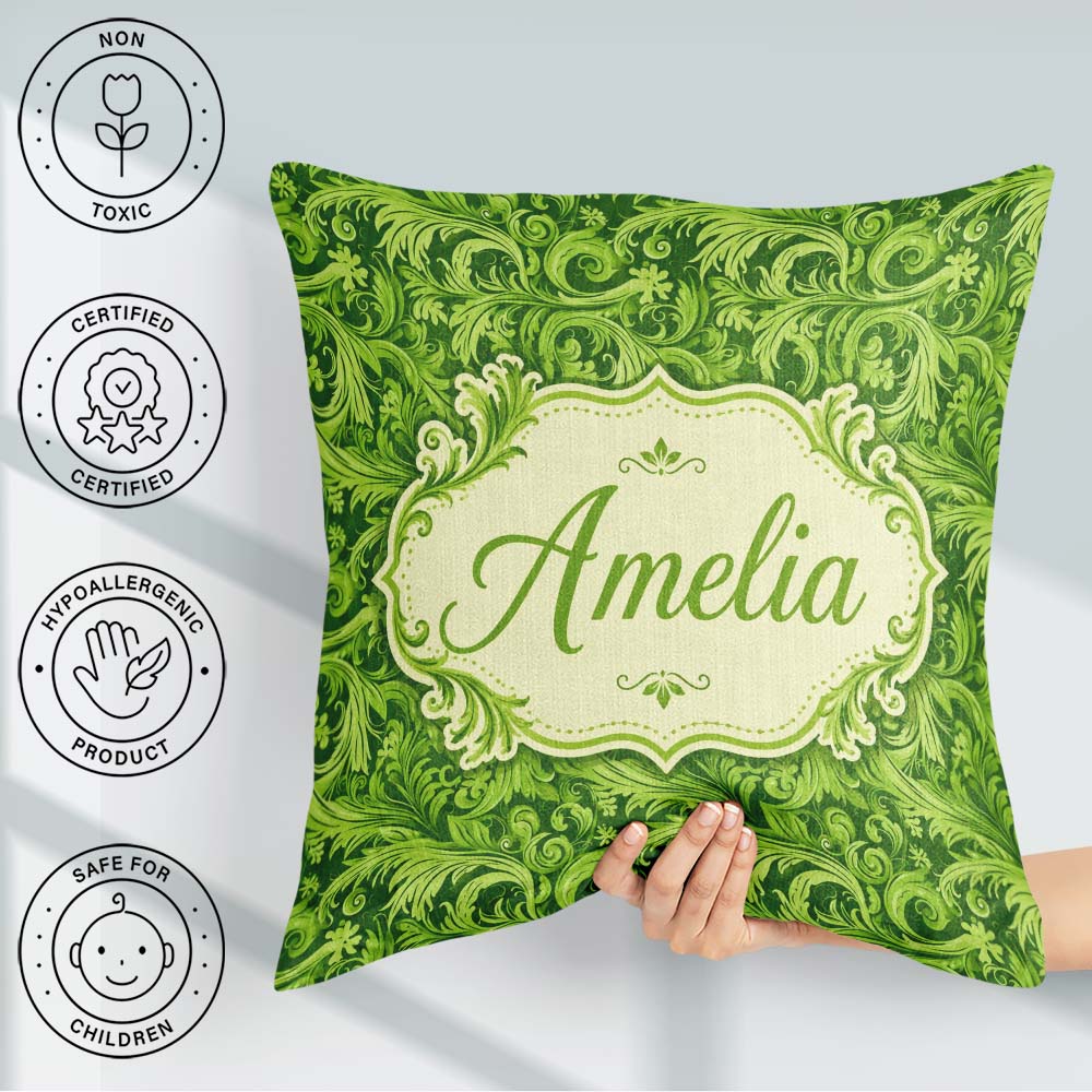 Custom Name Deep Green Baroque Ornamental Scroll Seamless Lovely Square Filled Cushion Throw Pillow Sofa Bed Home Decor Zip Washable UK Made