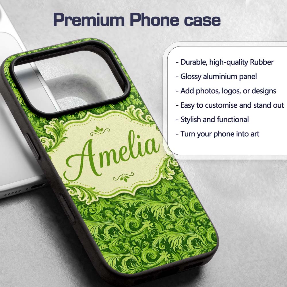 Deep Green Baroque Ornamental Scroll Seamless Custom Name Protective Phone Case Mobile Cover Durable Everyday Smartphone Shock Resistant
