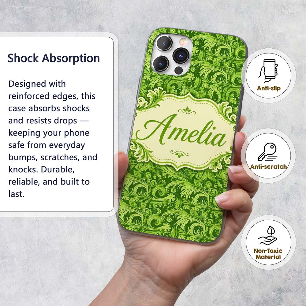 Deep Green Baroque Ornamental Scroll Seamless Custom Name Protective Phone Case Mobile Cover Durable Everyday Smartphone Shock Resistant