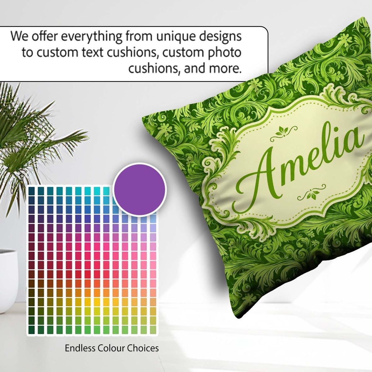 Custom Name Deep Green Baroque Ornamental Scroll Seamless Lovely Square Filled Cushion Throw Pillow Sofa Bed Home Decor Zip Washable UK Made
