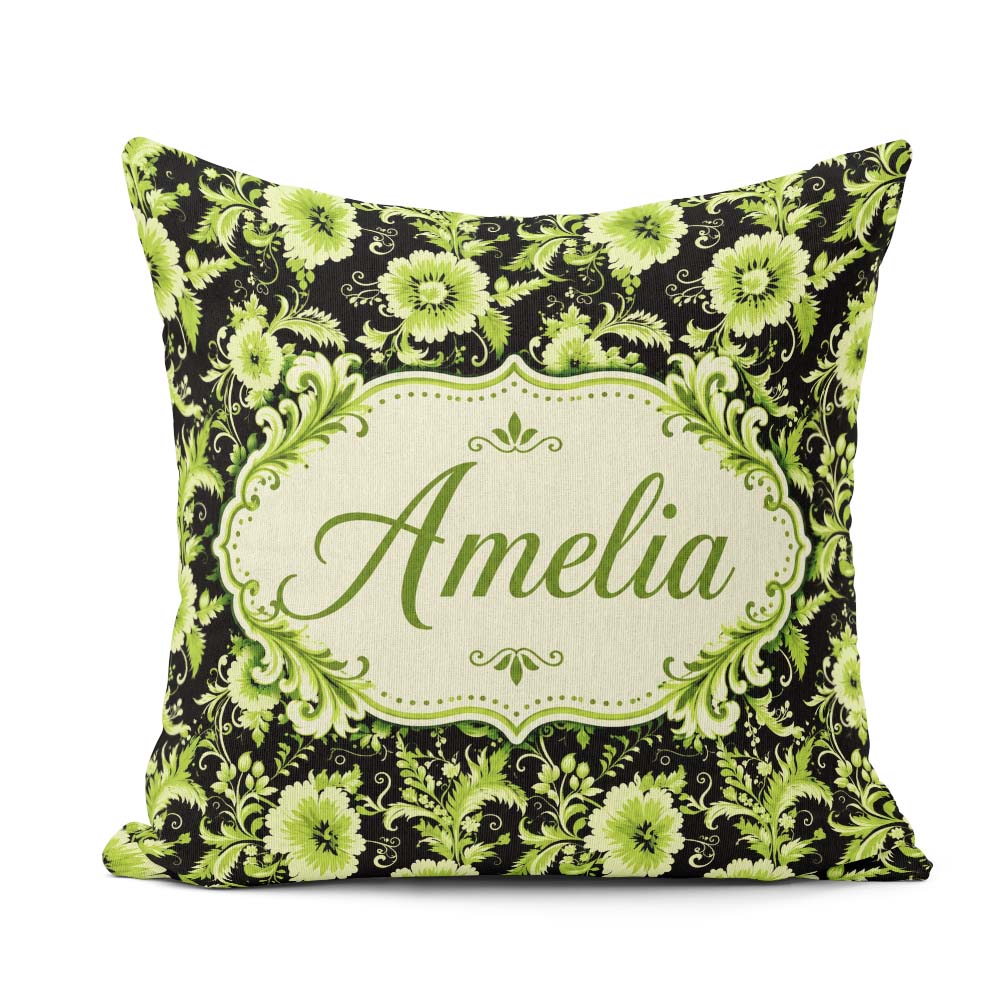 Custom Name Black Green Floral Botanical Seamless Pattern Lovely Square Filled Cushion Throw Pillow Sofa Bed Home Decor Zip Washable UK Made