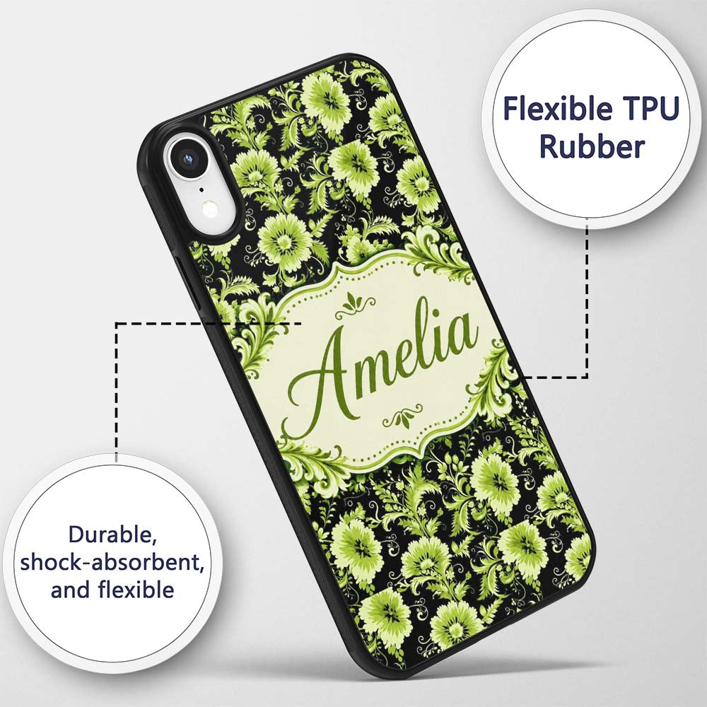 Black Background Green Floral Botanical Seamless Custom Name Protective Phone Case Mobile Cover Durable Everyday Smartphone Shock Resistant