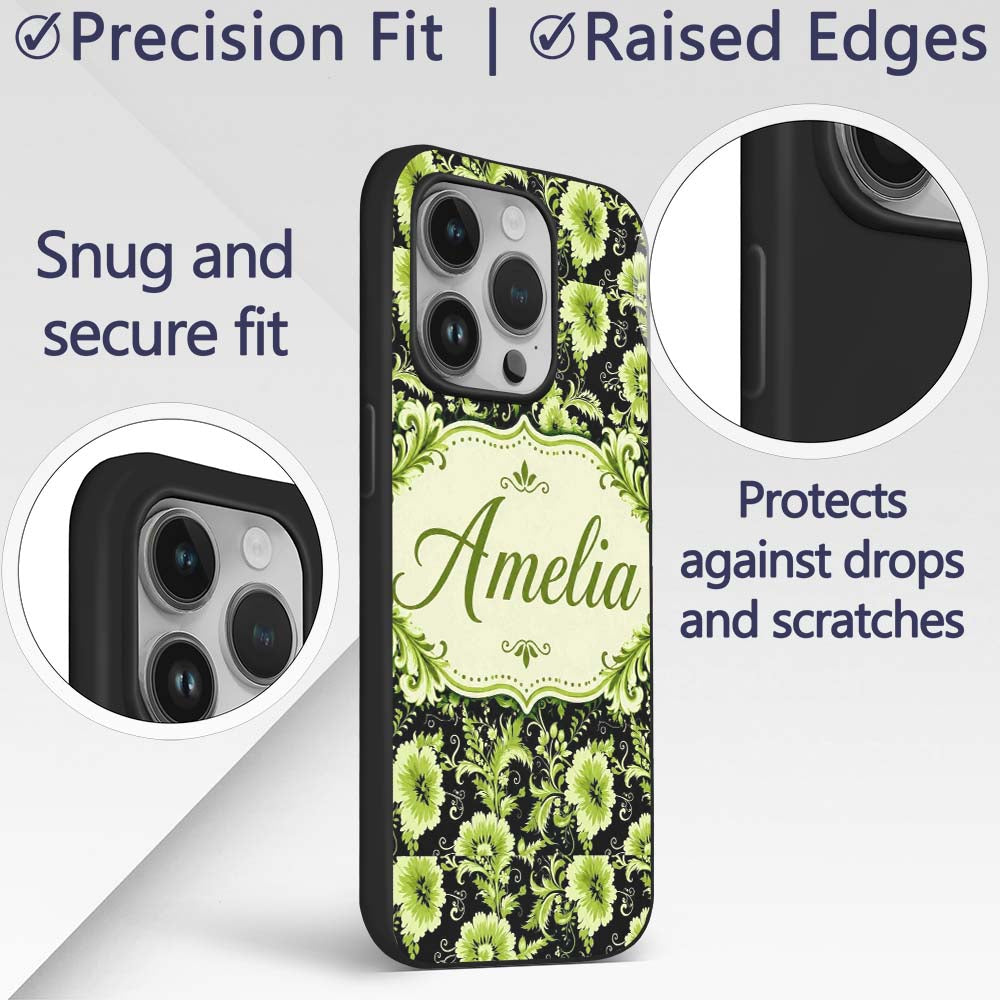 Black Background Green Floral Botanical Seamless Custom Name Protective Phone Case Mobile Cover Durable Everyday Smartphone Shock Resistant