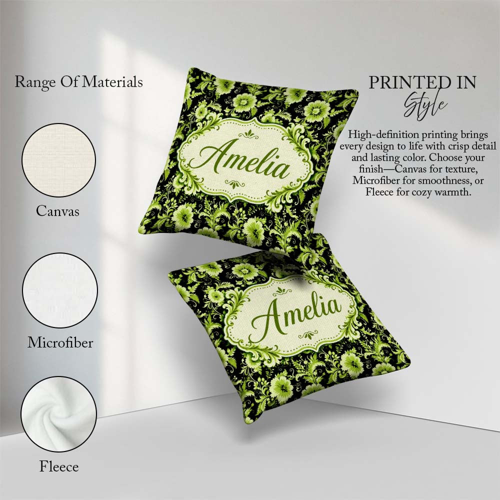 Custom Name Black Green Floral Botanical Seamless Pattern Lovely Square Filled Cushion Throw Pillow Sofa Bed Home Decor Zip Washable UK Made