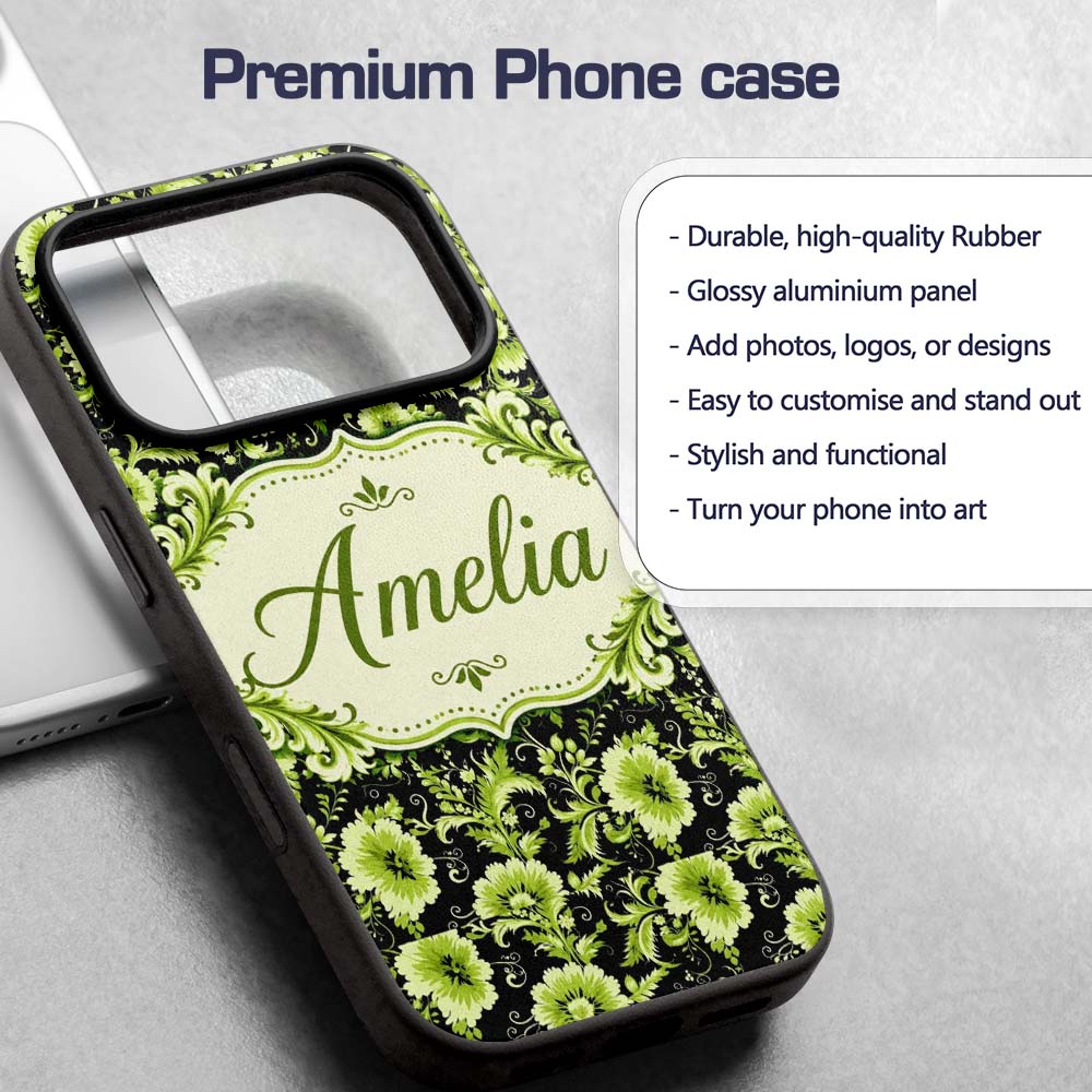 Black Background Green Floral Botanical Seamless Custom Name Protective Phone Case Mobile Cover Durable Everyday Smartphone Shock Resistant