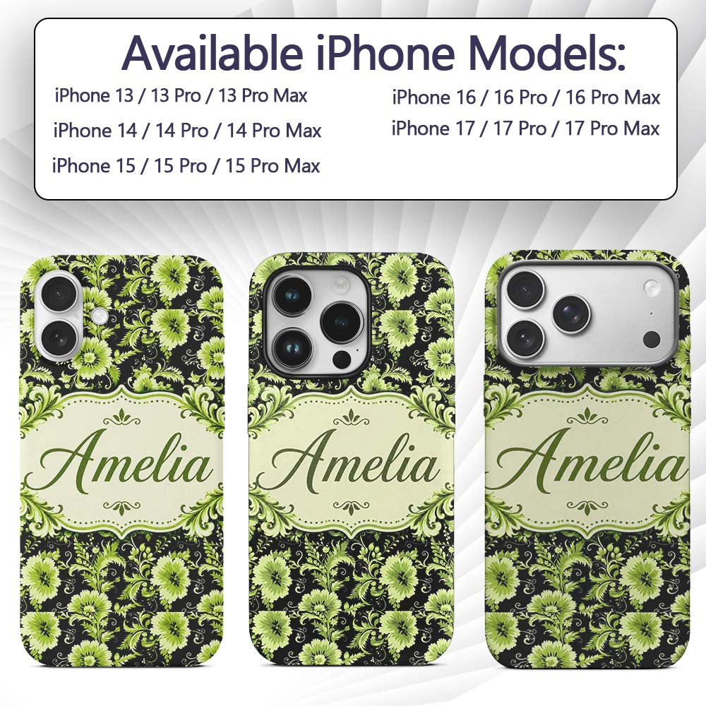 Black Background Green Floral Botanical Seamless Custom Name Protective Phone Case Mobile Cover Durable Everyday Smartphone Shock Resistant