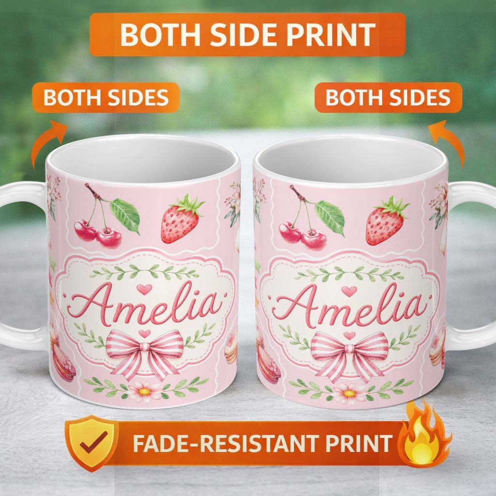 Personalized Custom Name Cute Strawberry Cherry Ribbon Bow Sweet Dessert Pattern Soft Pink 11oz Ceramic Coffee Tea Mug White Large Handle