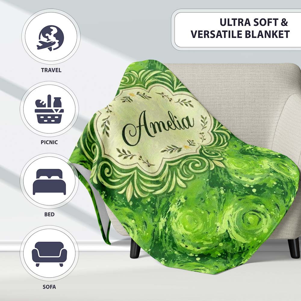 Abstract Green Swirl Painterly Seamless Pattern Thoughtful Gift Idea Personalised Custom Name Super Soft Fleece Blanket Bed Sofa Throw
