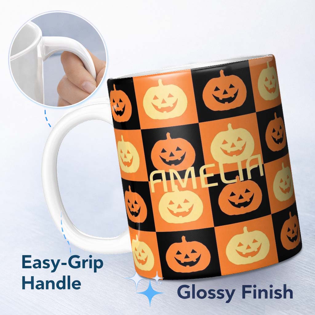 Personalized Custom Name Halloween Pumpkin Faces Orange and Black Checkerboard Seamless 11oz Ceramic Coffee Tea Mug White Large Handle