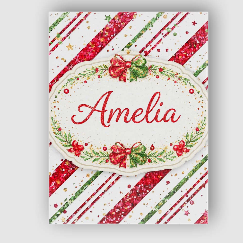 Personalised Name Red Green Glitter Stripe Christmas Pattern Festive Custom Home Canvas Wall Art Print Decor Picture Ready to Hang