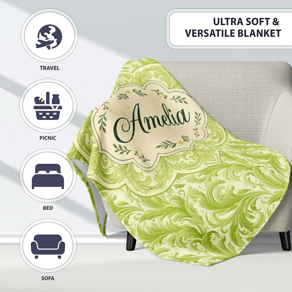 Green Abstract Spiral Brushstroke Seamless Pattern Cute Unique Gift Personalised Custom Name Super Soft Fleece Blanket Bed Sofa Throw