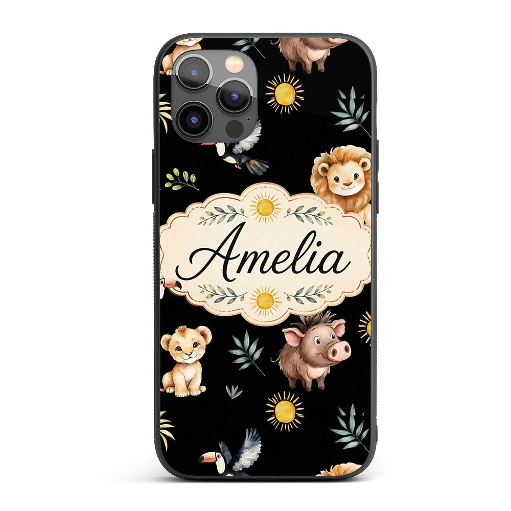 Cute Safari Animals Lion Meerkat Toucan Black Custom Name Protective Phone Case Mobile Cover Durable Everyday Smartphone Shock Resistant