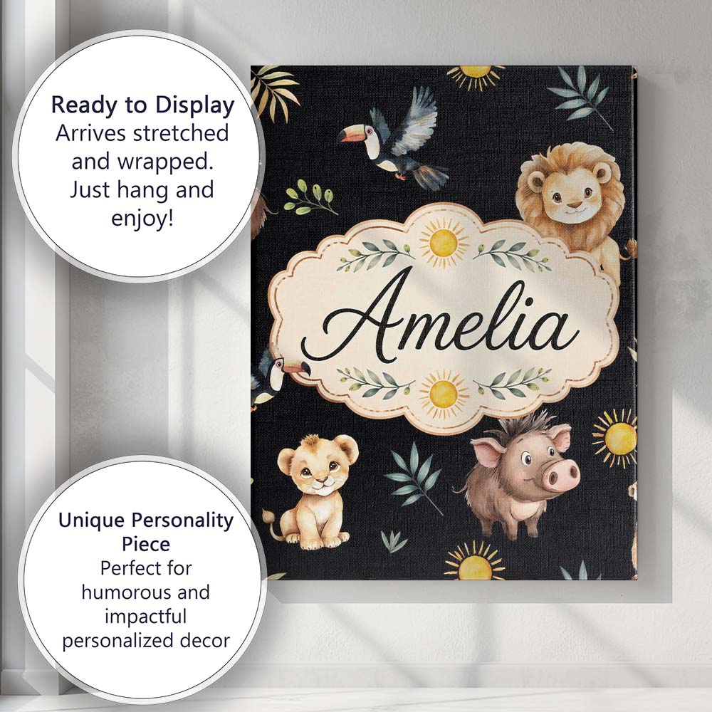 Personalised Name Cute Safari Animals Lion Custom Unique Gift Idea Elegant Feature Canvas Wall Art Print Decor Picture Ready to Hang