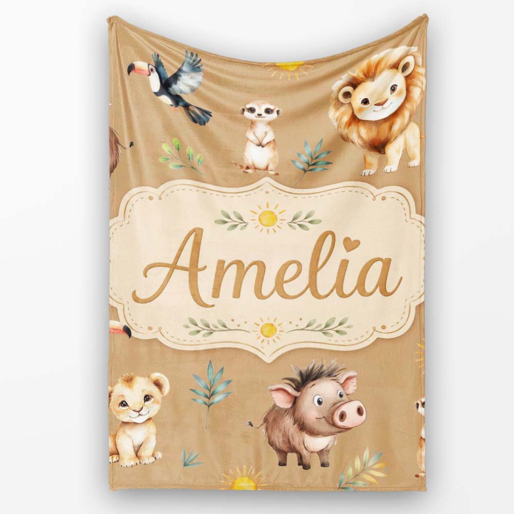 Cute Safari Animals Lion Meerkat Toucan Neutral Seamless Pattern Personalised Custom Name Super Soft Fleece Blanket Bed Sofa Throw