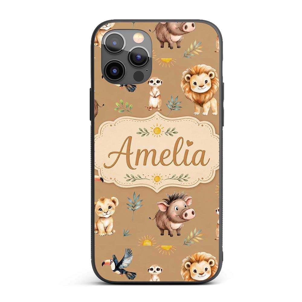 Cute Safari Animals Lion Meerkat Toucan Neutral Custom Name Protective Phone Case Mobile Cover Durable Everyday Smartphone Shock Resistant