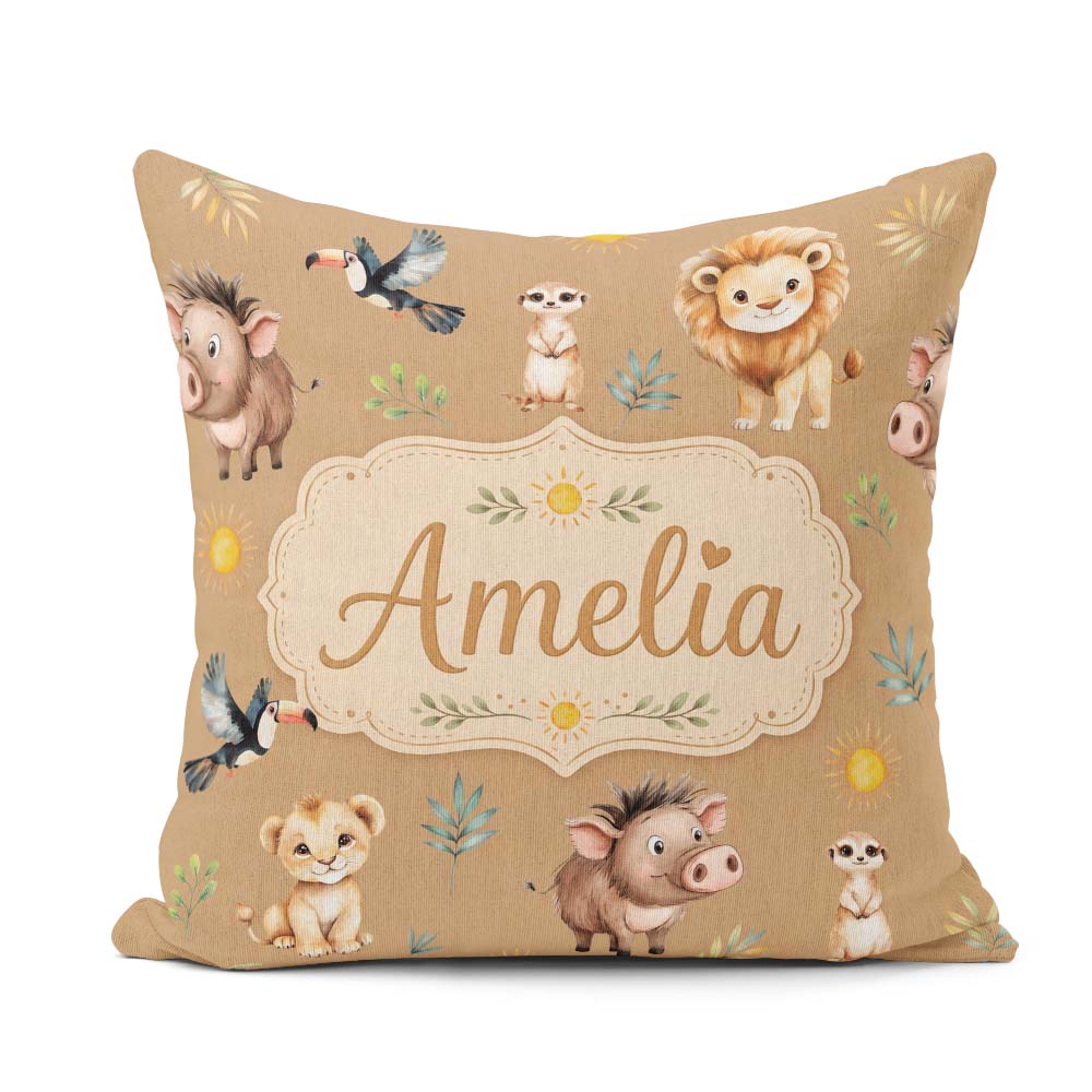 Custom Name Safari Animals Lion Meerkat Neutral Seamless Pattern Square Filled Cushion Throw Pillow Sofa Bed Home Decor Zip Washable UK Made