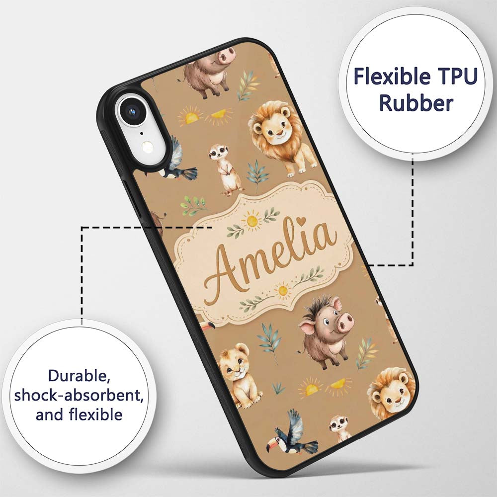 Cute Safari Animals Lion Meerkat Toucan Neutral Custom Name Protective Phone Case Mobile Cover Durable Everyday Smartphone Shock Resistant