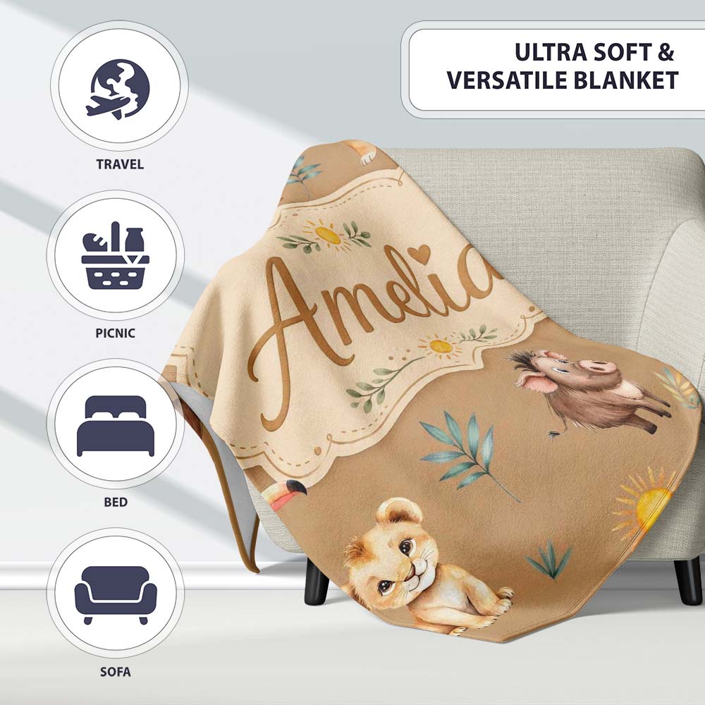 Cute Safari Animals Lion Meerkat Toucan Neutral Seamless Pattern Personalised Custom Name Super Soft Fleece Blanket Bed Sofa Throw