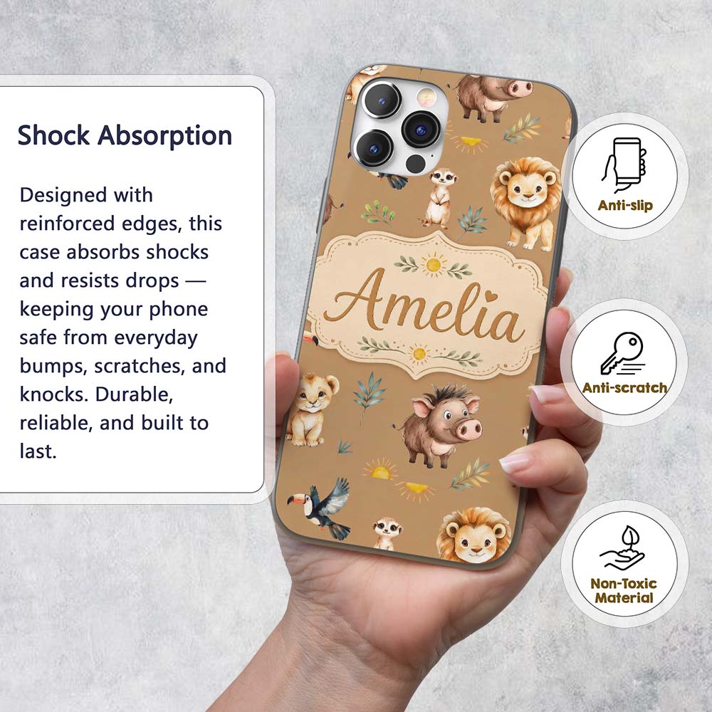 Cute Safari Animals Lion Meerkat Toucan Neutral Custom Name Protective Phone Case Mobile Cover Durable Everyday Smartphone Shock Resistant