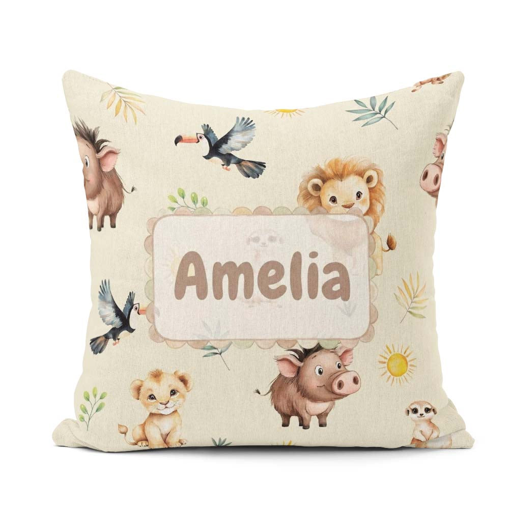 Custom Name Safari Animal Lion Meerkat and Warthog with Sun and Square Filled Cushion Throw Pillow Sofa Bed Home Decor Zip Washable UK Made