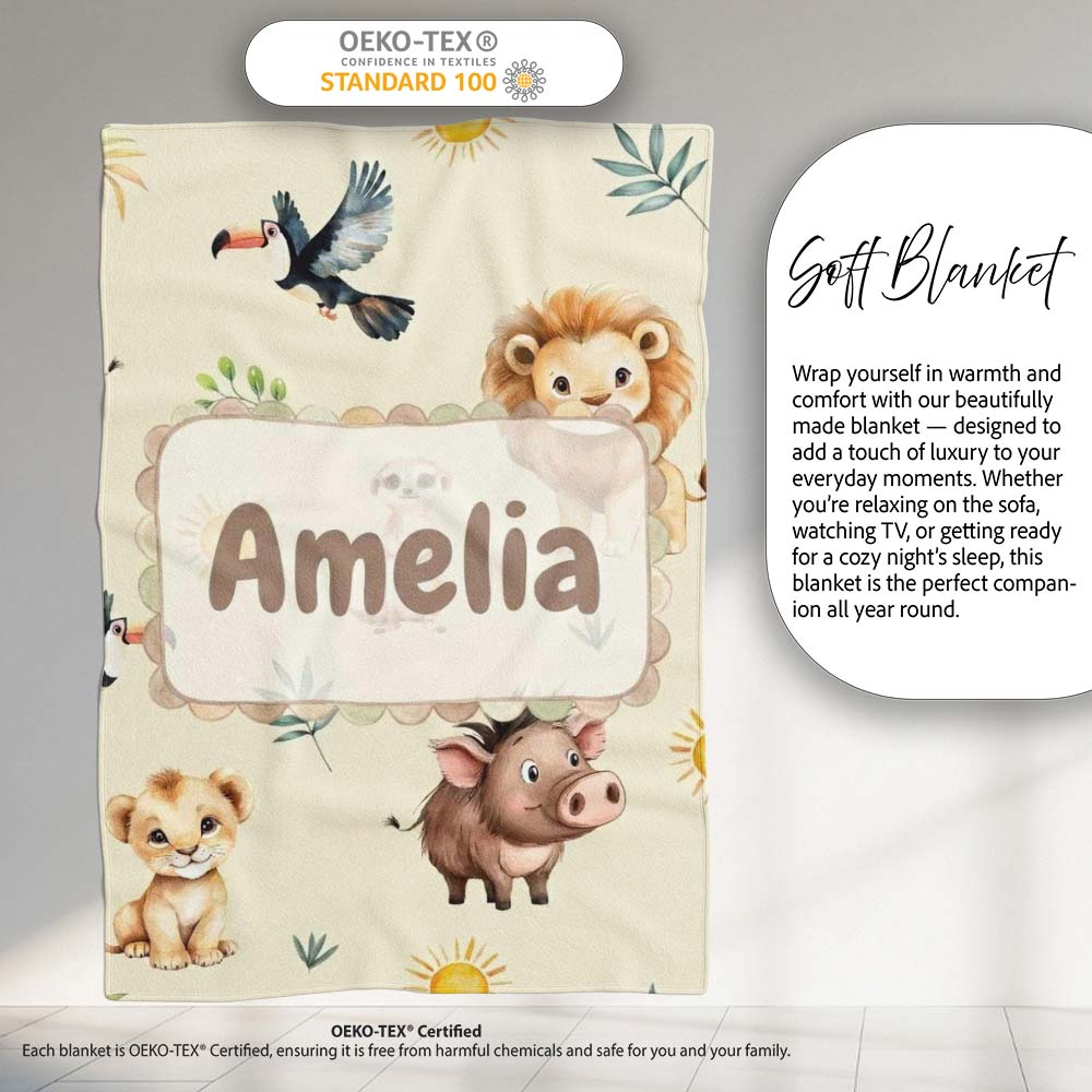 Cute Safari Animal Lion Meerkat Toucan and Warthog with Sun and Personalised Custom Name Super Soft Fleece Blanket Bed Sofa Throw