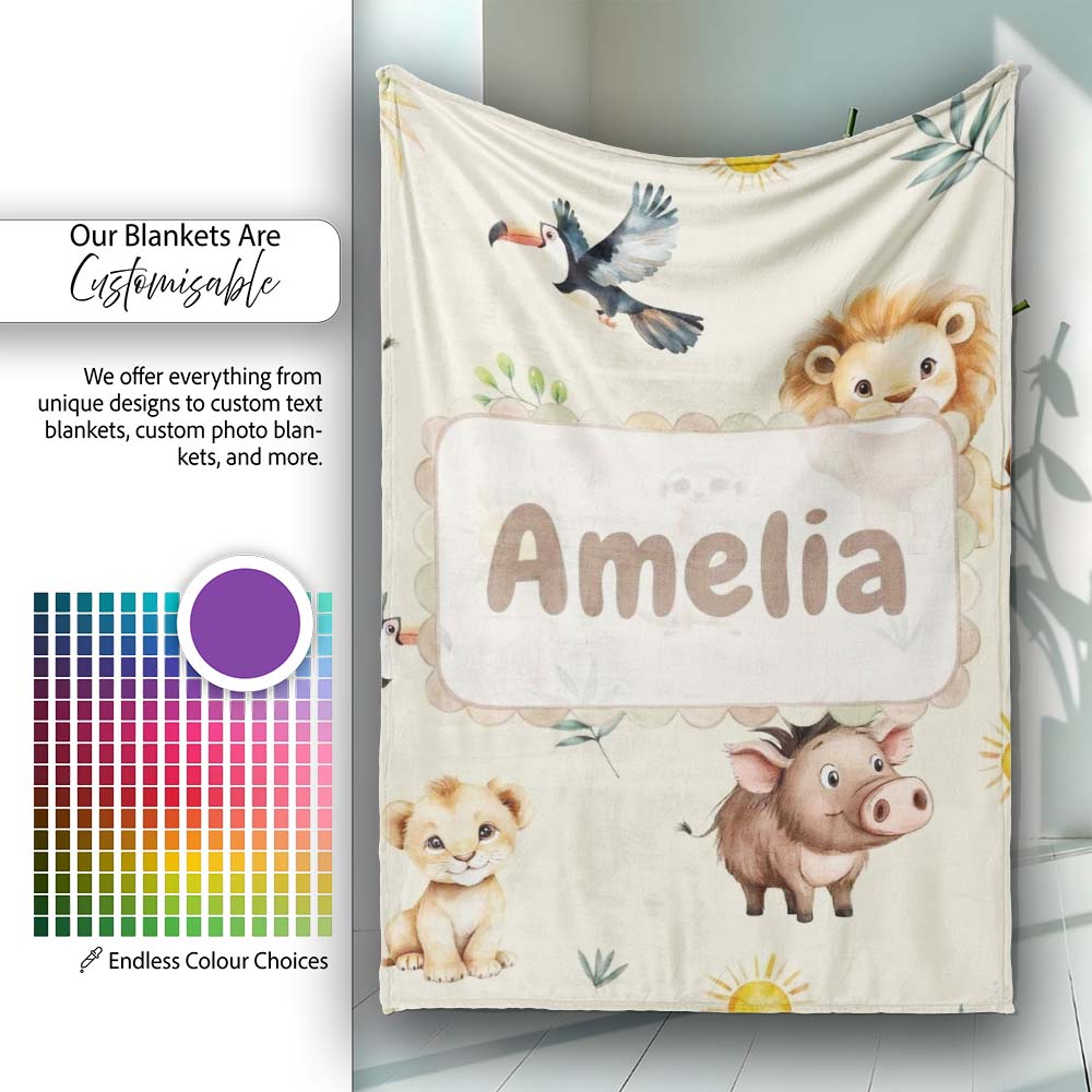 Cute Safari Animal Lion Meerkat Toucan and Warthog with Sun and Personalised Custom Name Super Soft Fleece Blanket Bed Sofa Throw