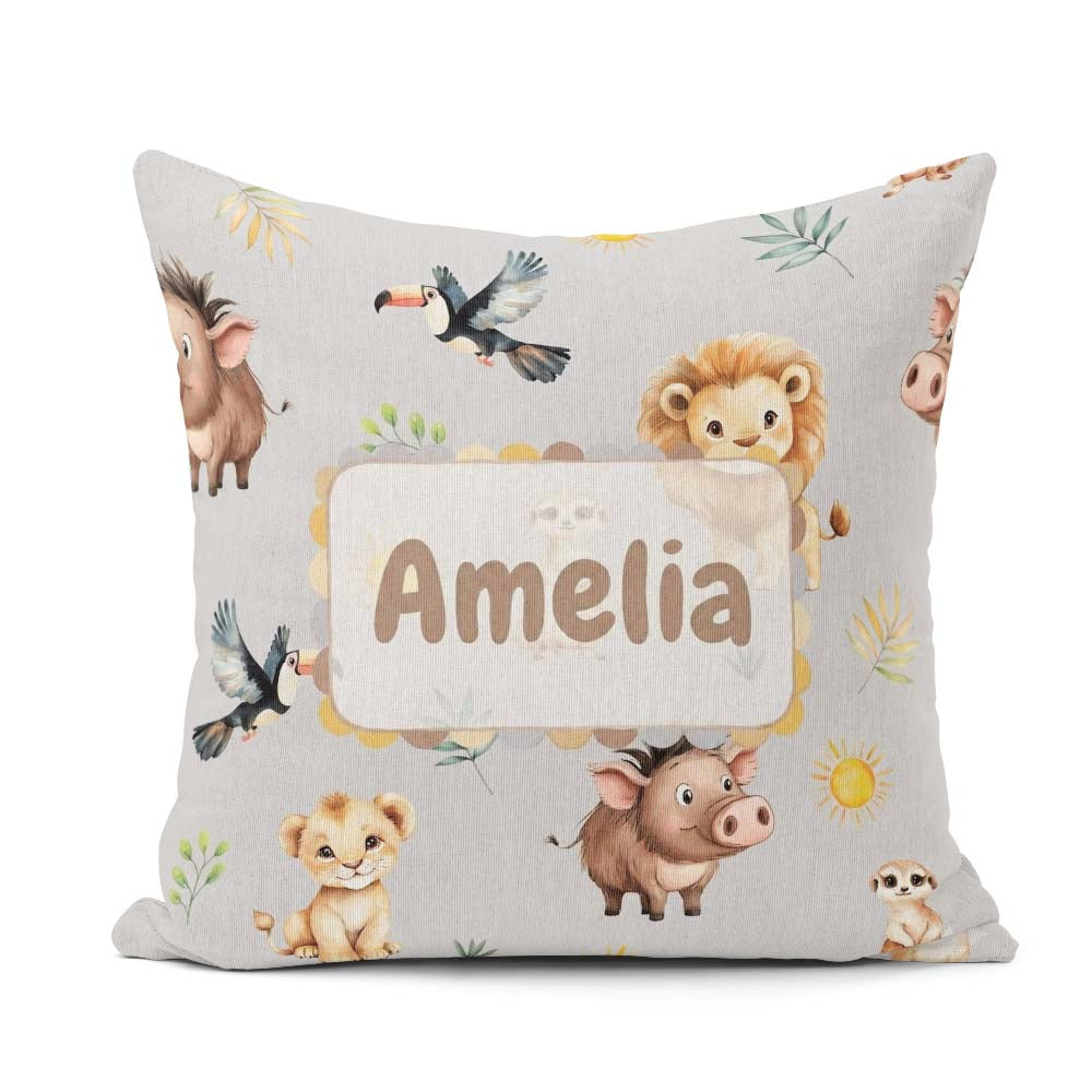 Custom Name Safari Animals Lion Toucan and Warthog with Sun and Square Filled Cushion Throw Pillow Sofa Bed Home Decor Zip Washable UK Made