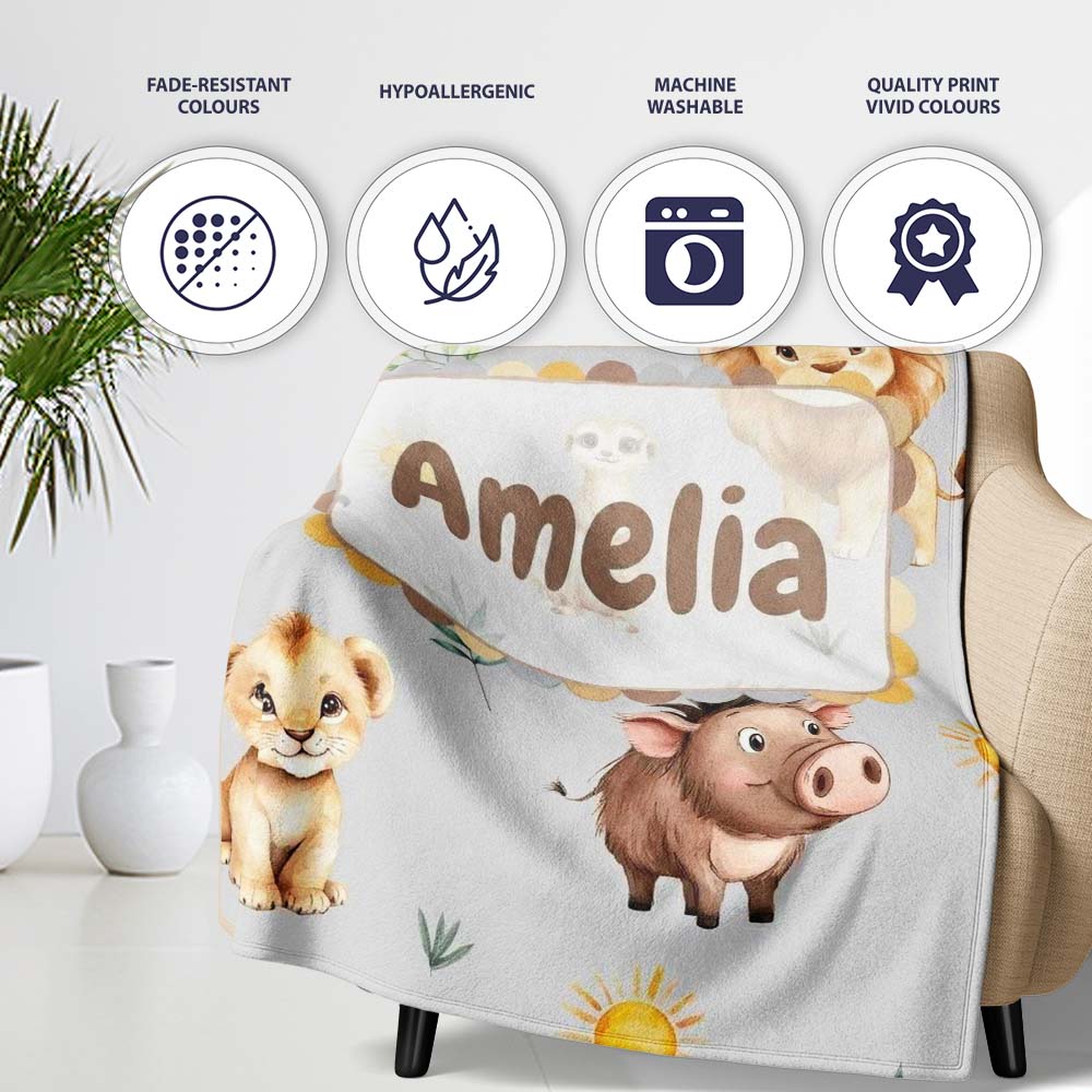 Cute Safari Animals Lion Toucan and Warthog with Sun and Personalised Custom Name Super Soft Fleece Blanket Bed Sofa Throw