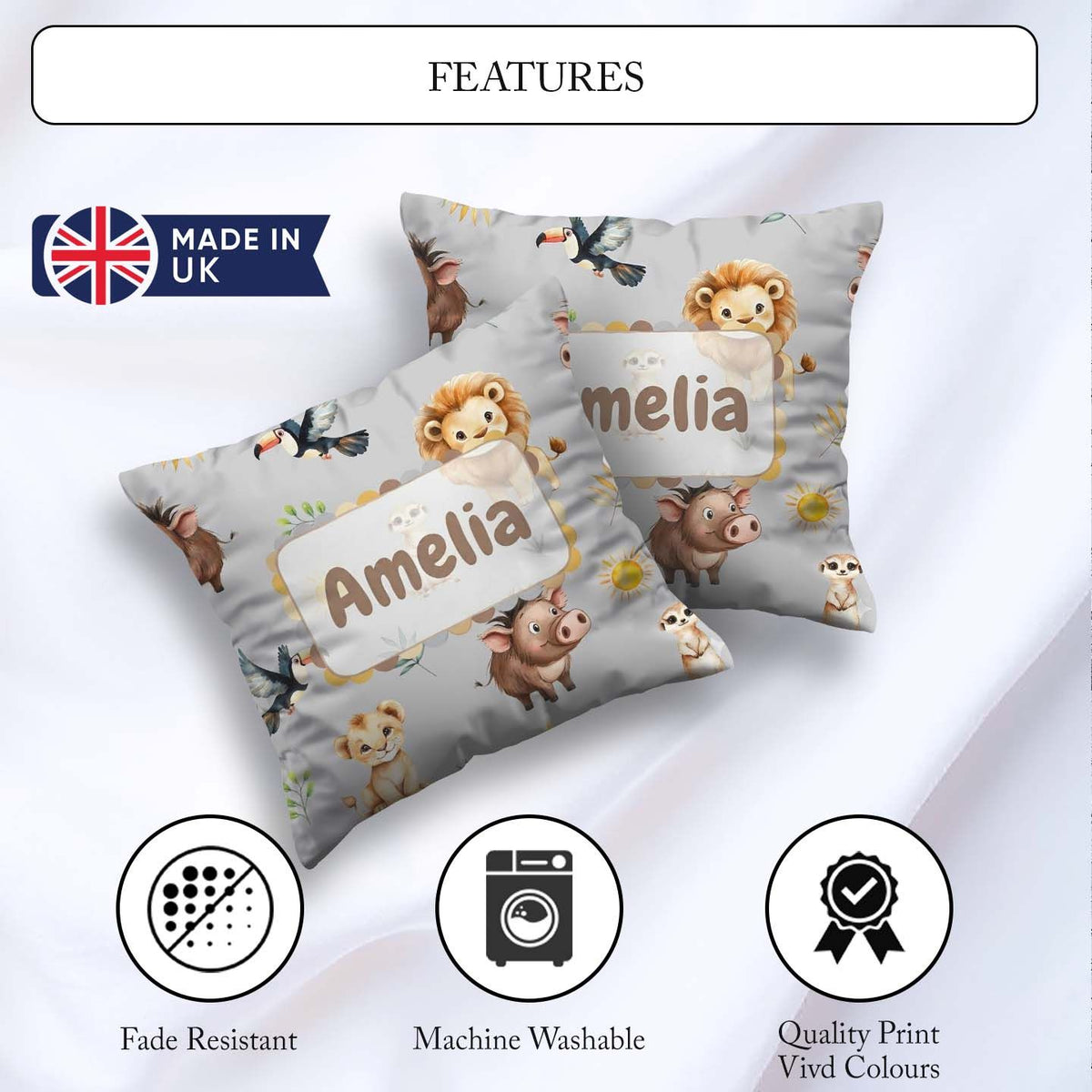 Custom Name Safari Animals Lion Toucan and Warthog with Sun and Square Filled Cushion Throw Pillow Sofa Bed Home Decor Zip Washable UK Made