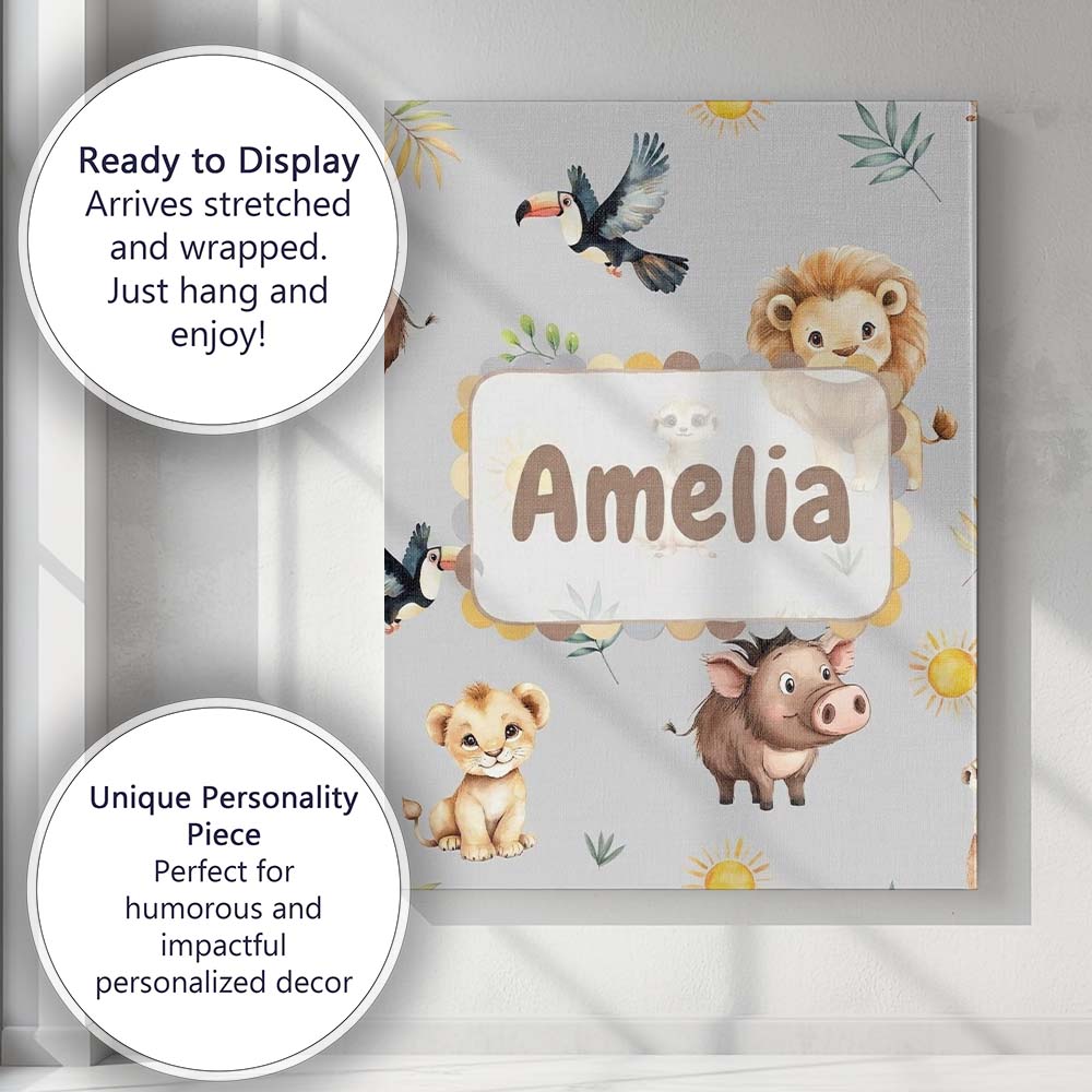 Personalised Name Cute Safari Animals Lion Custom Unique Gift Idea Elegant Feature Canvas Wall Art Print Decor Picture Ready to Hang