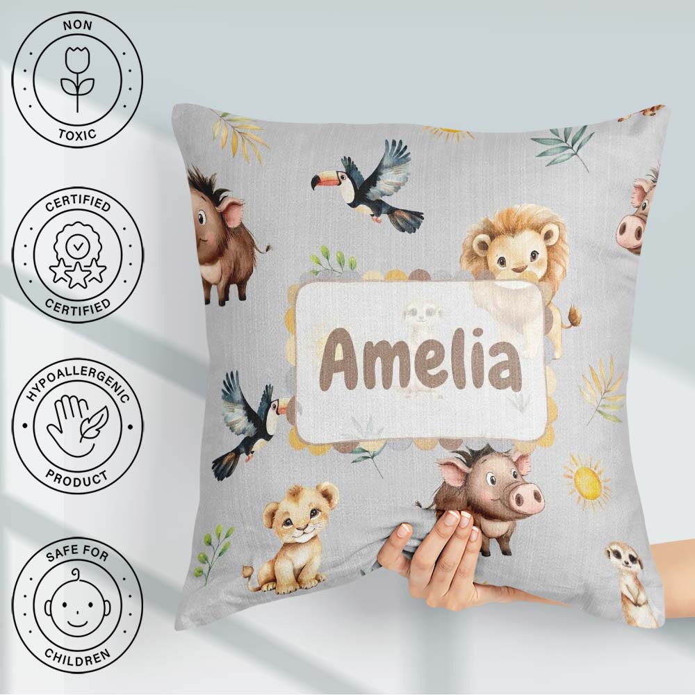 Custom Name Safari Animals Lion Toucan and Warthog with Sun and Square Filled Cushion Throw Pillow Sofa Bed Home Decor Zip Washable UK Made