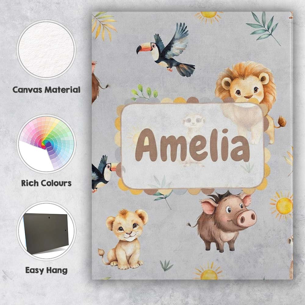 Personalised Name Cute Safari Animals Lion Custom Unique Gift Idea Elegant Feature Canvas Wall Art Print Decor Picture Ready to Hang