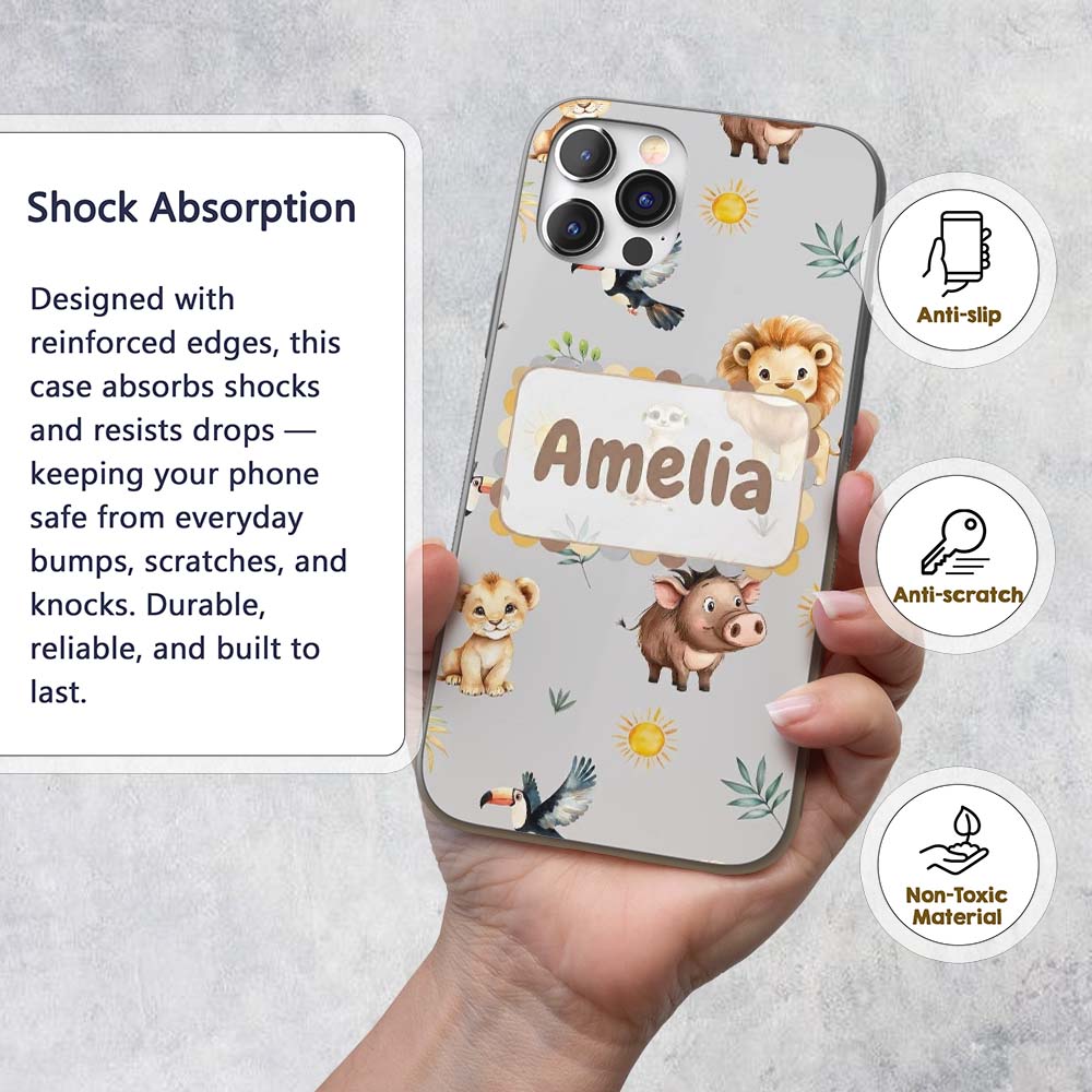 Cute Safari Animals Lion Toucan and Warthog with Custom Name Protective Phone Case Mobile Cover Durable Everyday Smartphone Shock Resistant