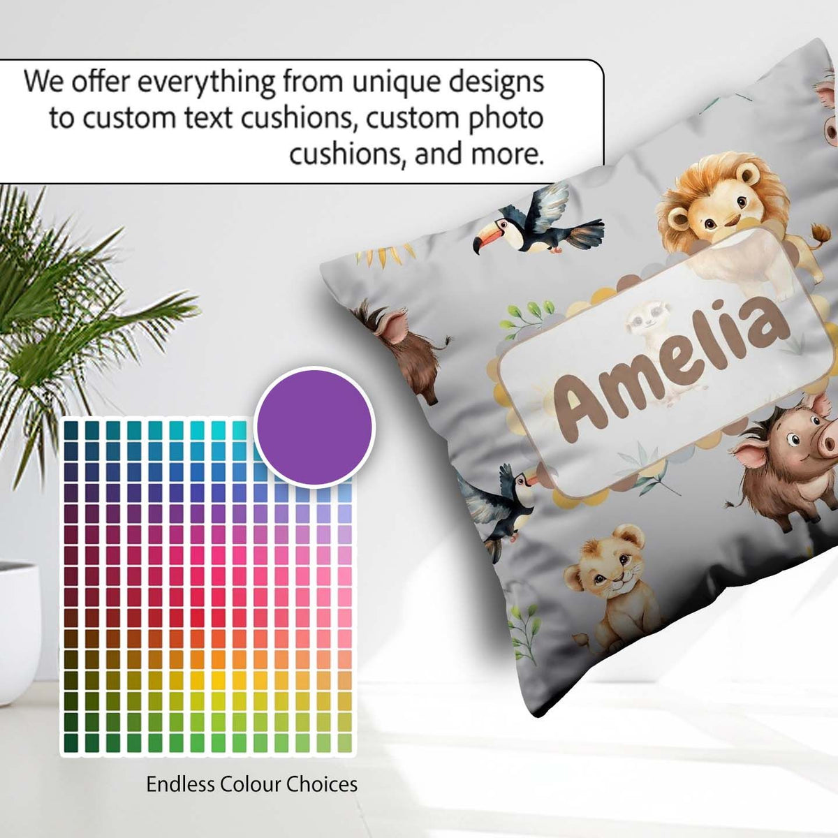 Custom Name Safari Animals Lion Toucan and Warthog with Sun and Square Filled Cushion Throw Pillow Sofa Bed Home Decor Zip Washable UK Made
