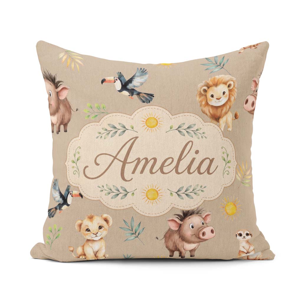Custom Name Cute Safari Lion and with Sun and Leaves on Tan Pink Square Filled Cushion Throw Pillow Sofa Bed Home Decor Zip Washable UK Made