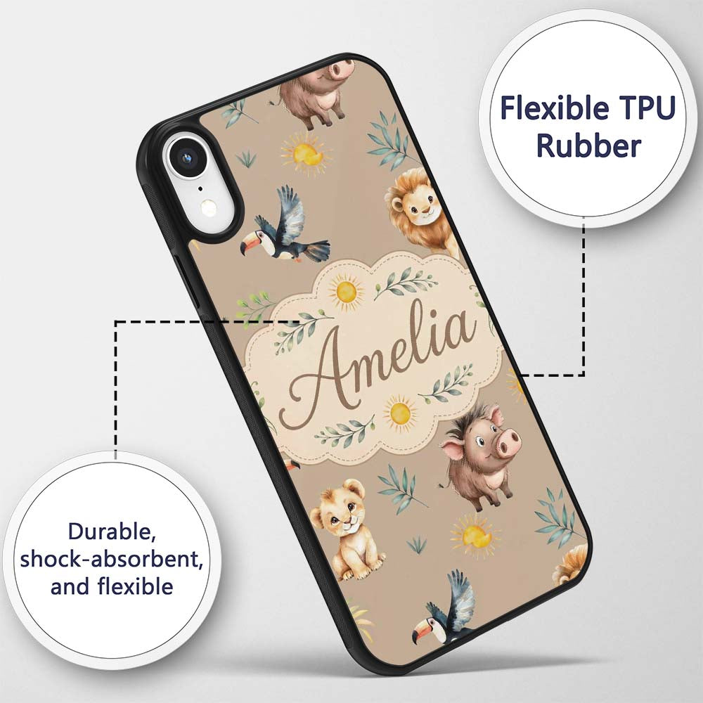 Cute Safari Animals Lion and Warthog with Sun and Custom Name Protective Phone Case Mobile Cover Durable Everyday Smartphone Shock Resistant