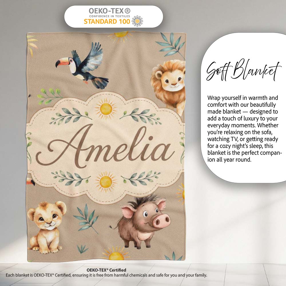 Cute Safari Animals Lion and Warthog with Sun and Leaves on Tan Pink Personalised Custom Name Super Soft Fleece Blanket Bed Sofa Throw