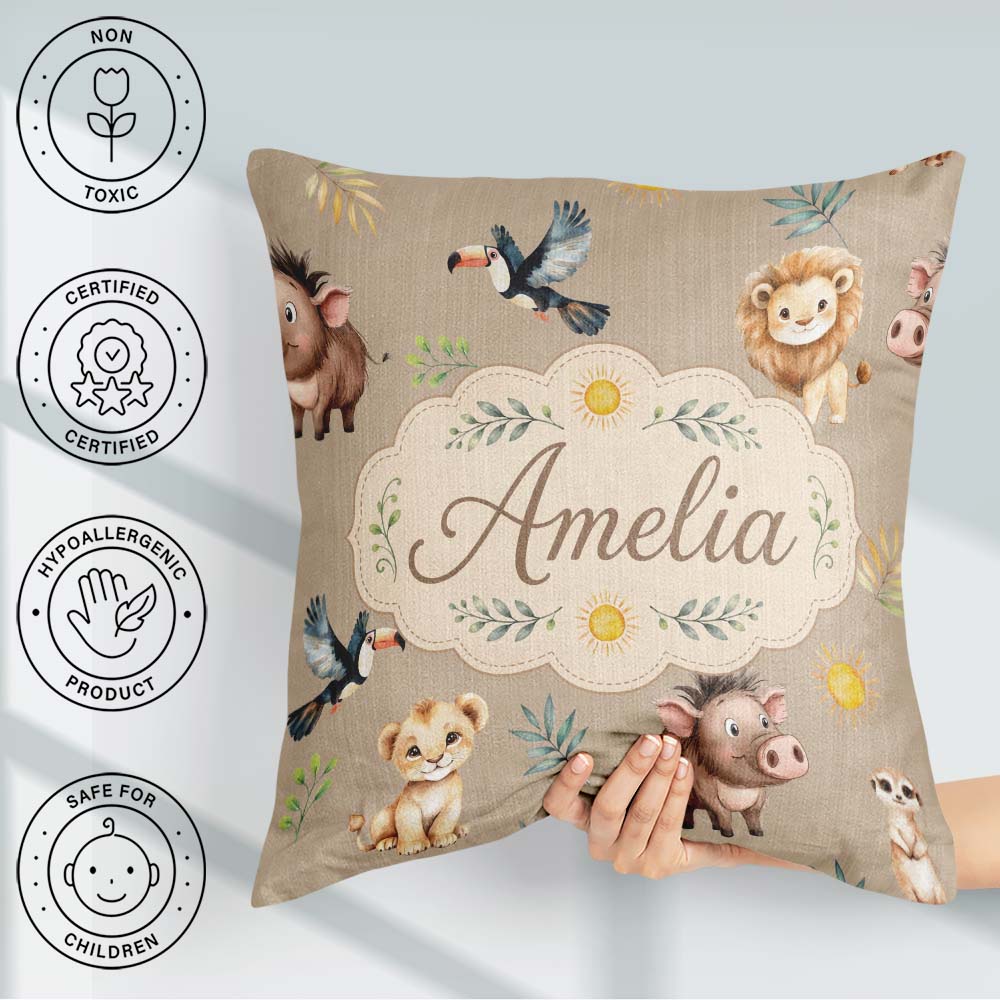 Custom Name Cute Safari Lion and with Sun and Leaves on Tan Pink Square Filled Cushion Throw Pillow Sofa Bed Home Decor Zip Washable UK Made