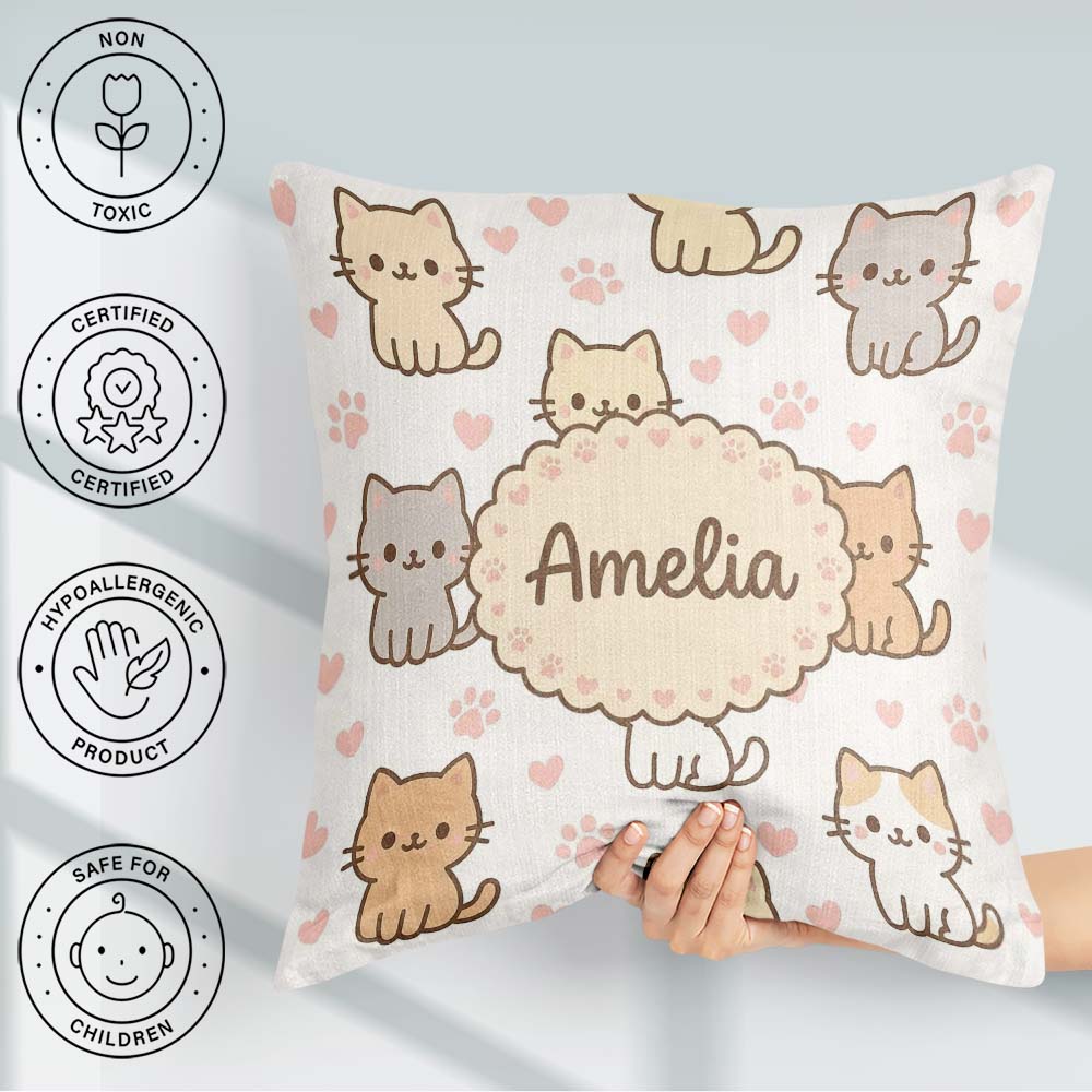 Custom Name Cute Kitten Hearts Cartoon Animal Pattern Decor Square Filled Cushion Throw Pillow Sofa Bed Home Decor Zip Washable UK Made