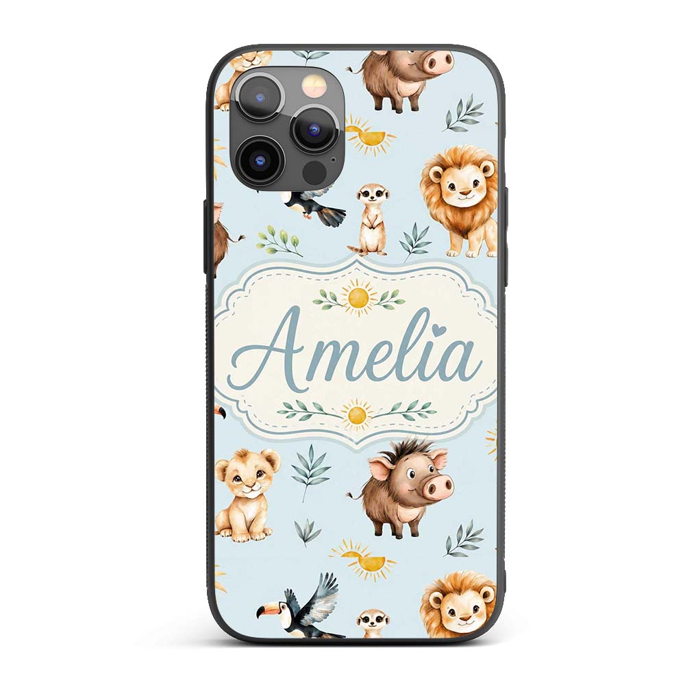 Cute Safari Animals Lion Meerkat Warthog with Sun Custom Name Protective Phone Case Mobile Cover Durable Everyday Smartphone Shock Resistant