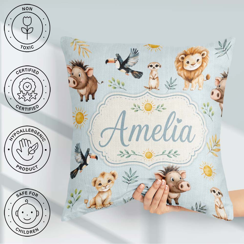 Custom Name Cute Safari Animals Lion with Sun and Leaves on Sage Square Filled Cushion Throw Pillow Sofa Bed Home Decor Zip Washable UK Made