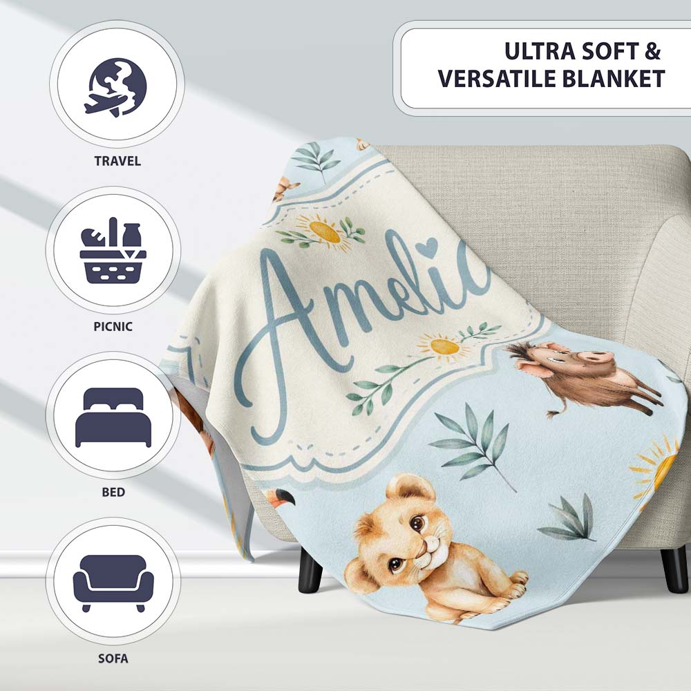 Cute Safari Animals Lion Meerkat Warthog with Sun and Leaves on Sage Personalised Custom Name Super Soft Fleece Blanket Bed Sofa Throw