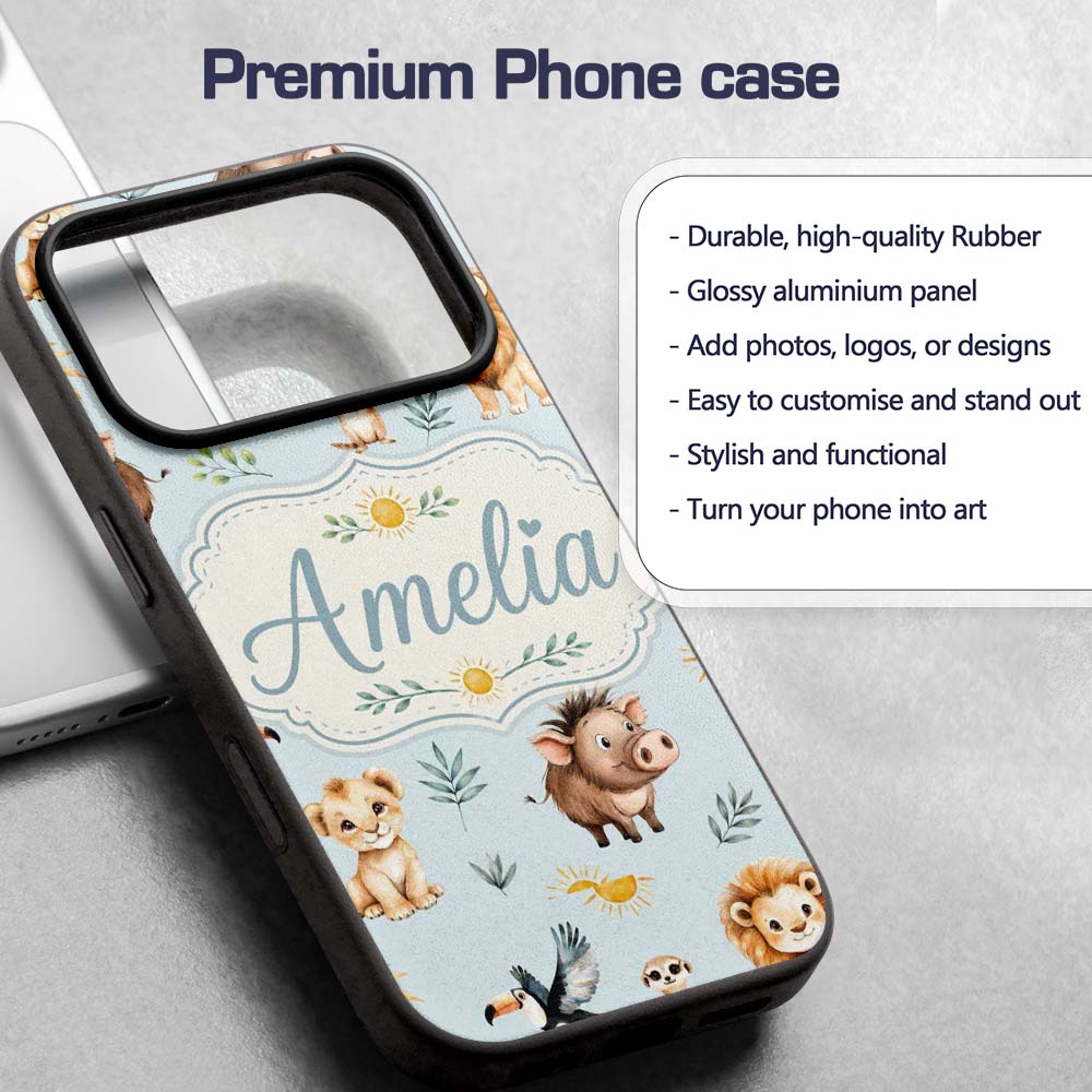 Cute Safari Animals Lion Meerkat Warthog with Sun Custom Name Protective Phone Case Mobile Cover Durable Everyday Smartphone Shock Resistant