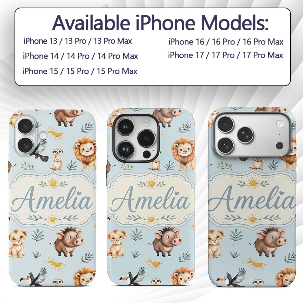 Cute Safari Animals Lion Meerkat Warthog with Sun Custom Name Protective Phone Case Mobile Cover Durable Everyday Smartphone Shock Resistant