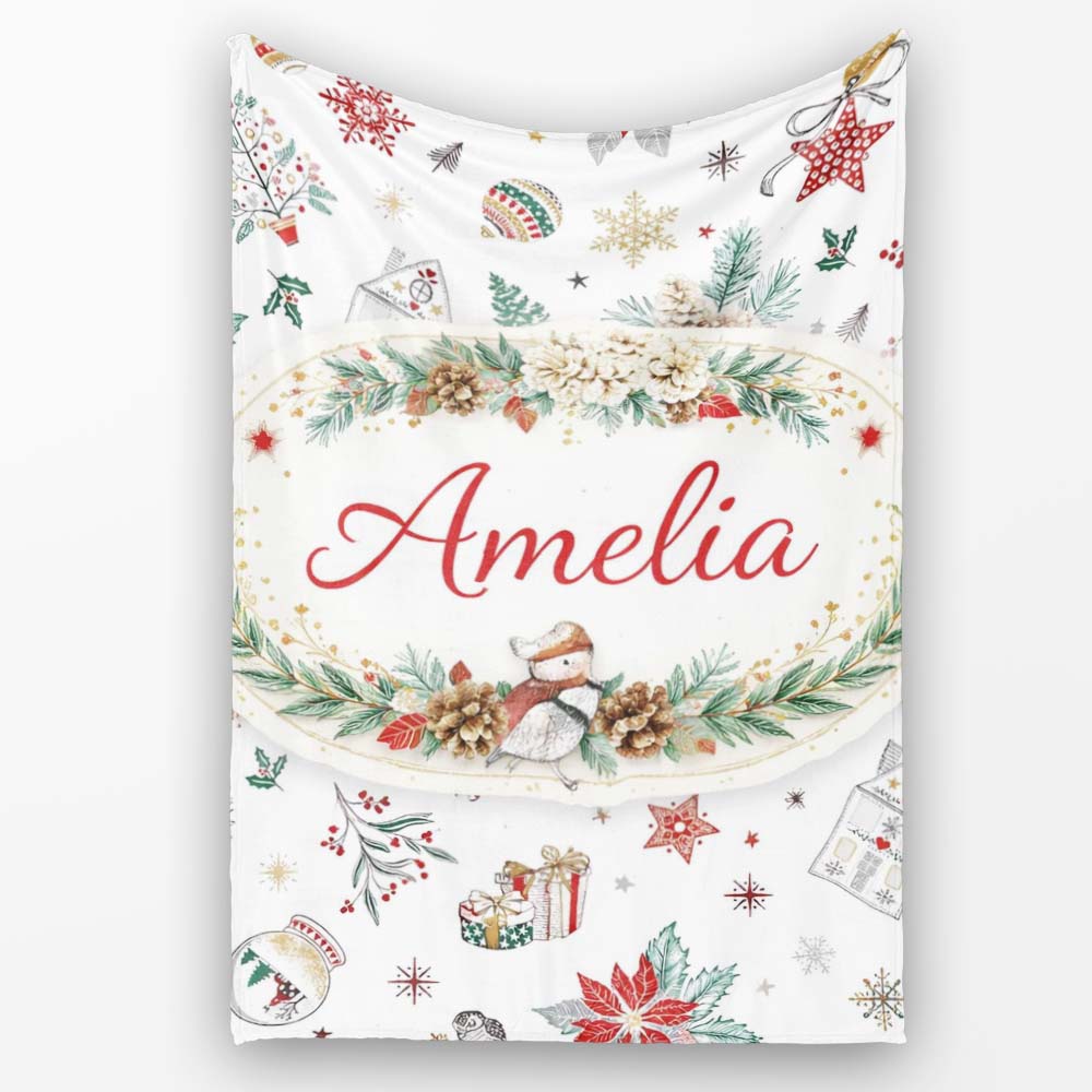 Christmas Icons Pattern Snowflakes Gifts Baubles Seamless Design Personalised Custom Name Super Soft Fleece Blanket Bed Sofa Throw