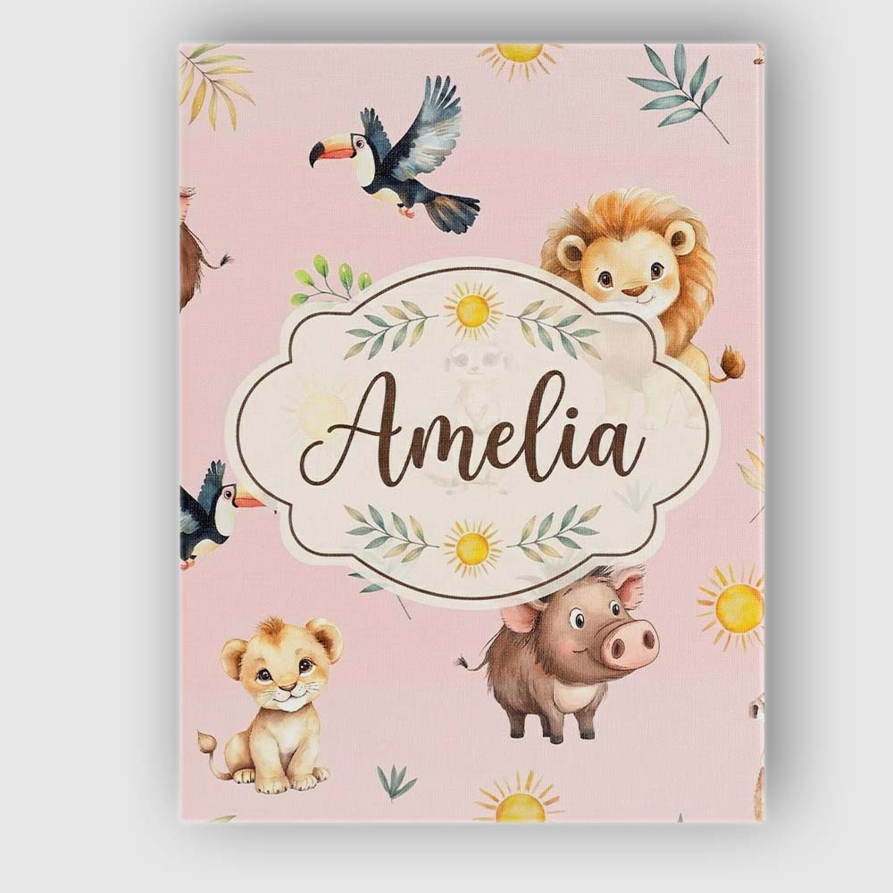 Personalised Name Cute Safari Animals Lion Custom Unique Gift Idea Elegant Feature Canvas Wall Art Print Decor Picture Ready to Hang